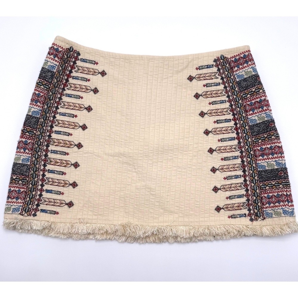Zara Trafaluc Cream Embroidered Fringe Mini Skirt Womens Large Boho Geometric‎